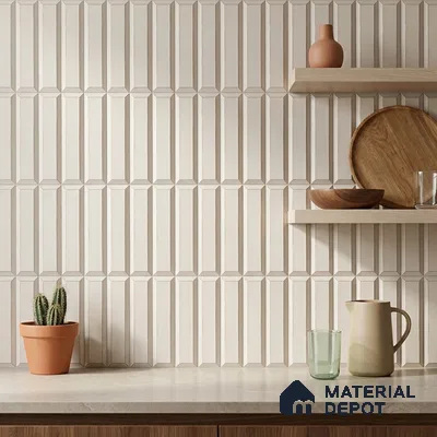 Modern Kitchen with Cream Picket Backsplash Tile and Wood Shelves