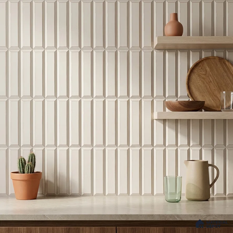 Modern Kitchen with Cream Picket Backsplash Tile and Wood Shelves