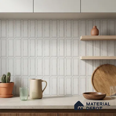 Scandinavian Kitchen with Cream Picket Ceramic Backsplash Tile and Walnut Cabinets