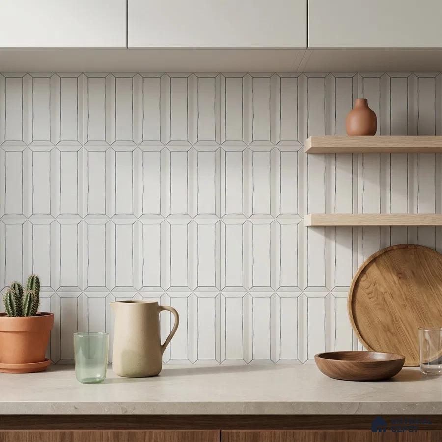 Scandinavian Kitchen with Cream Picket Ceramic Backsplash Tile and Walnut Cabinets