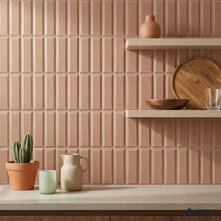 Modern Kitchen with Dusty Clay Picket Backsplash Tile and Wood Shelves