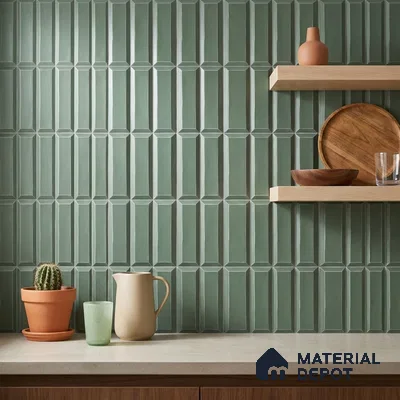 Modern Kitchen with Sage Green Picket Backsplash Tile and Wood Shelves