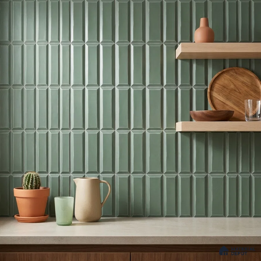 Modern Kitchen with Sage Green Picket Backsplash Tile and Wood Shelves