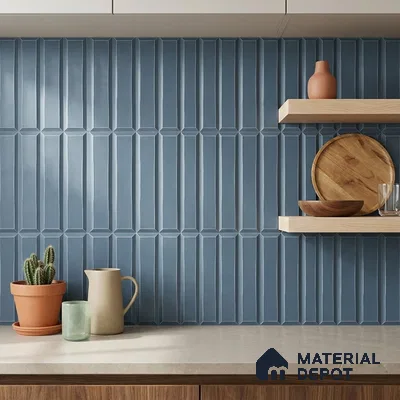 Modern Kitchen with Dusty Blue Picket Backsplash Tile and Wood Shelves