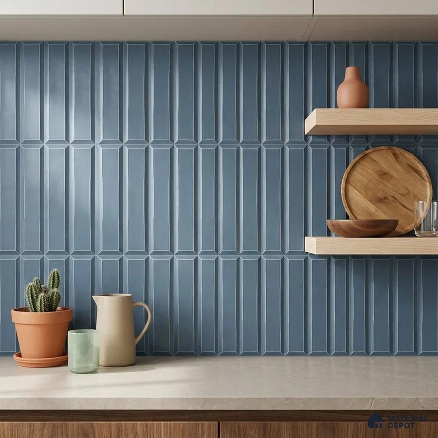 Modern Kitchen with Dusty Blue Picket Backsplash Tile and Wood Shelves