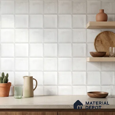 Modern Kitchen with White 3D Pillowed Square Backsplash Tile and Wood Shelves