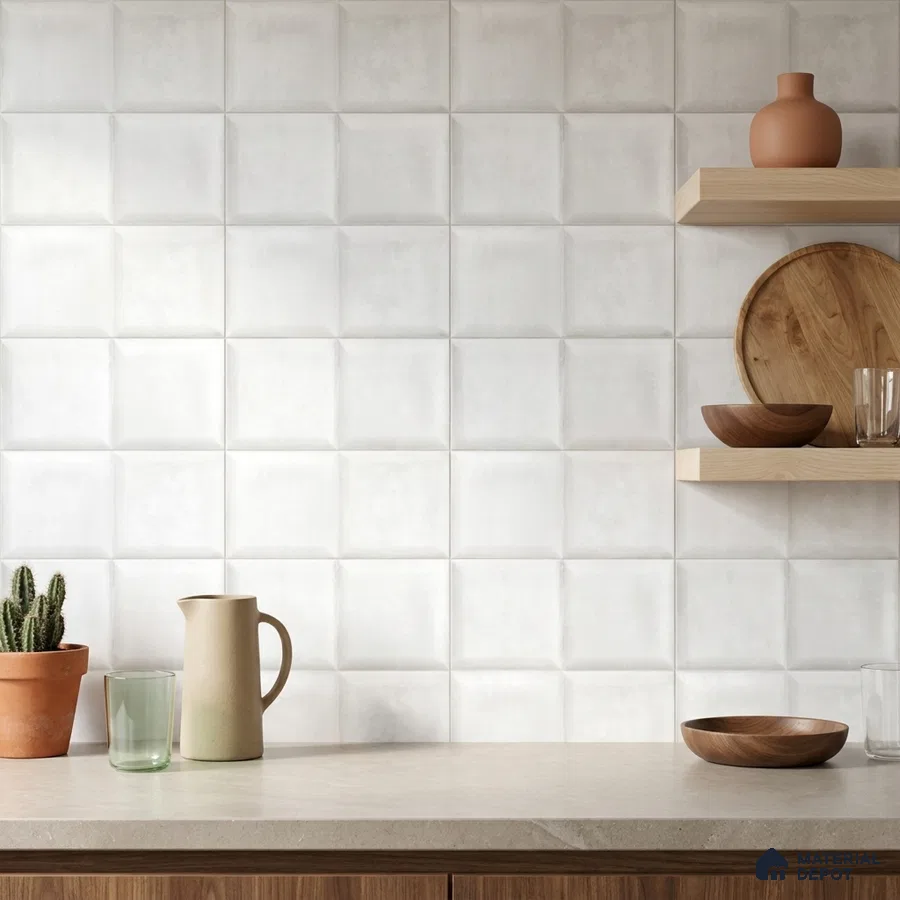 Modern Kitchen with White 3D Pillowed Square Backsplash Tile and Wood Shelves