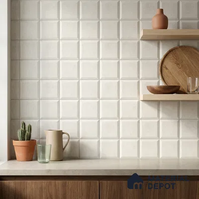 Modern Kitchen with Cream 3D Pillowed Square Backsplash Tile and Wood Shelves