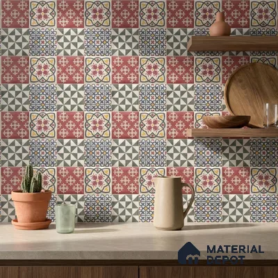 Mediterranean Kitchen with Multicolour Moroccan Patterned Backsplash Tile and Walnut Shelves
