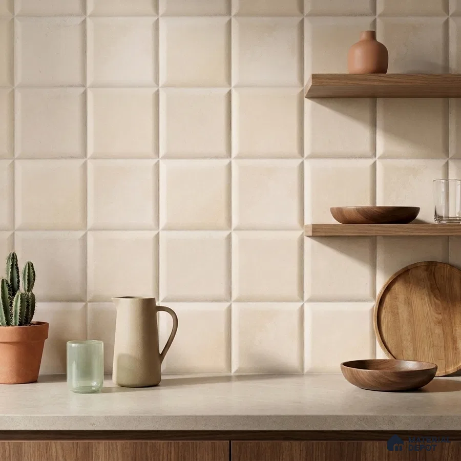 Minimalist Kitchen with Cream Beige Textured Square Backsplash Tile and Walnut Shelves