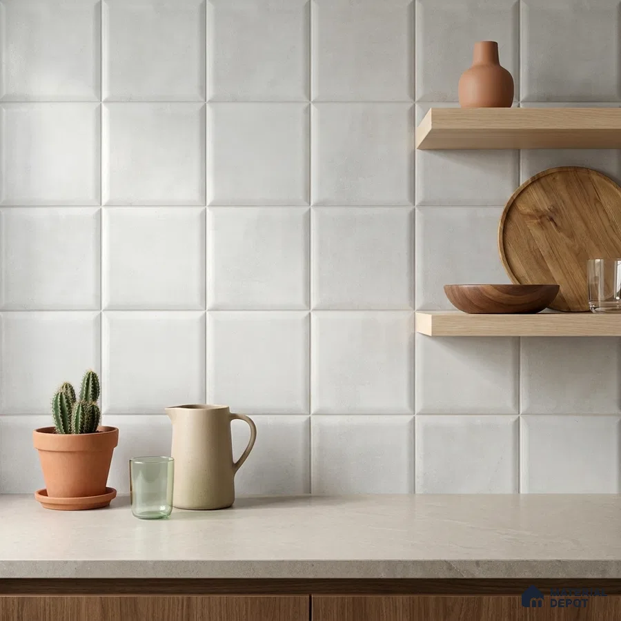 Minimalist Kitchen with White Textured Square Backsplash Tile and Light Oak Shelves