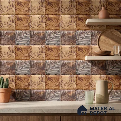 Bohemian Kitchen with Brown Tropical Palm Leaf Backsplash Tile and Walnut Shelves