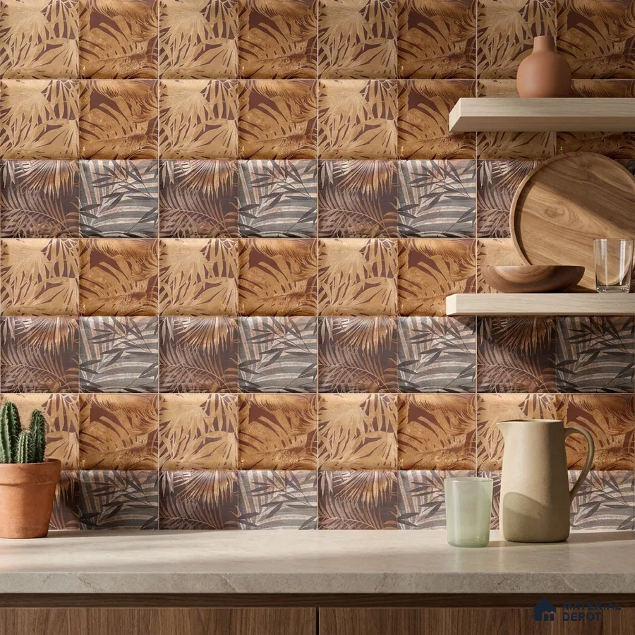 Bohemian Kitchen with Brown Tropical Palm Leaf Backsplash Tile and Walnut Shelves