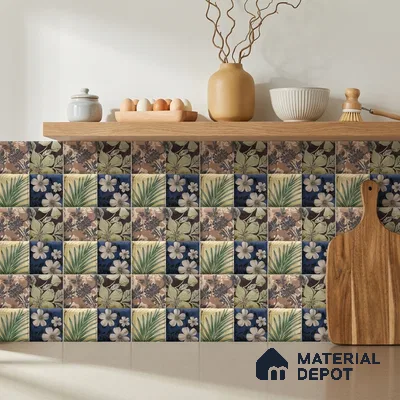 Bohemian Kitchen with Multicolour Floral Patchwork Backsplash Tile