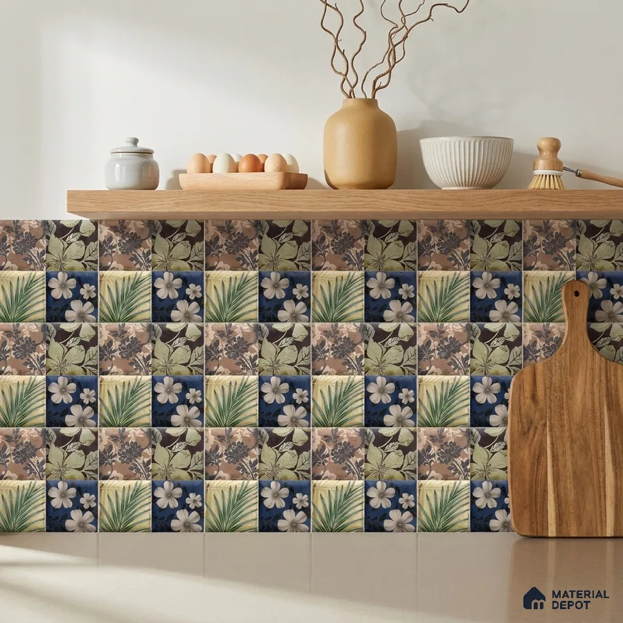 Bohemian Kitchen with Multicolour Floral Patchwork Backsplash Tile