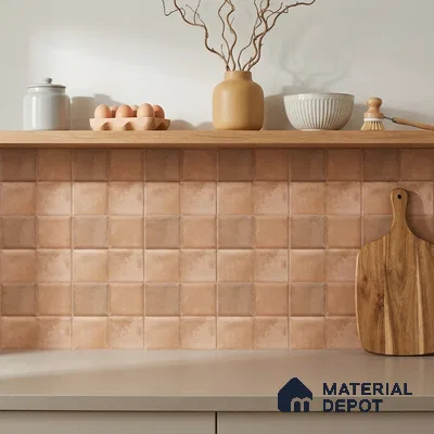 Mediterranean Kitchen with Terracotta Clay Textured Square Backsplash Tile