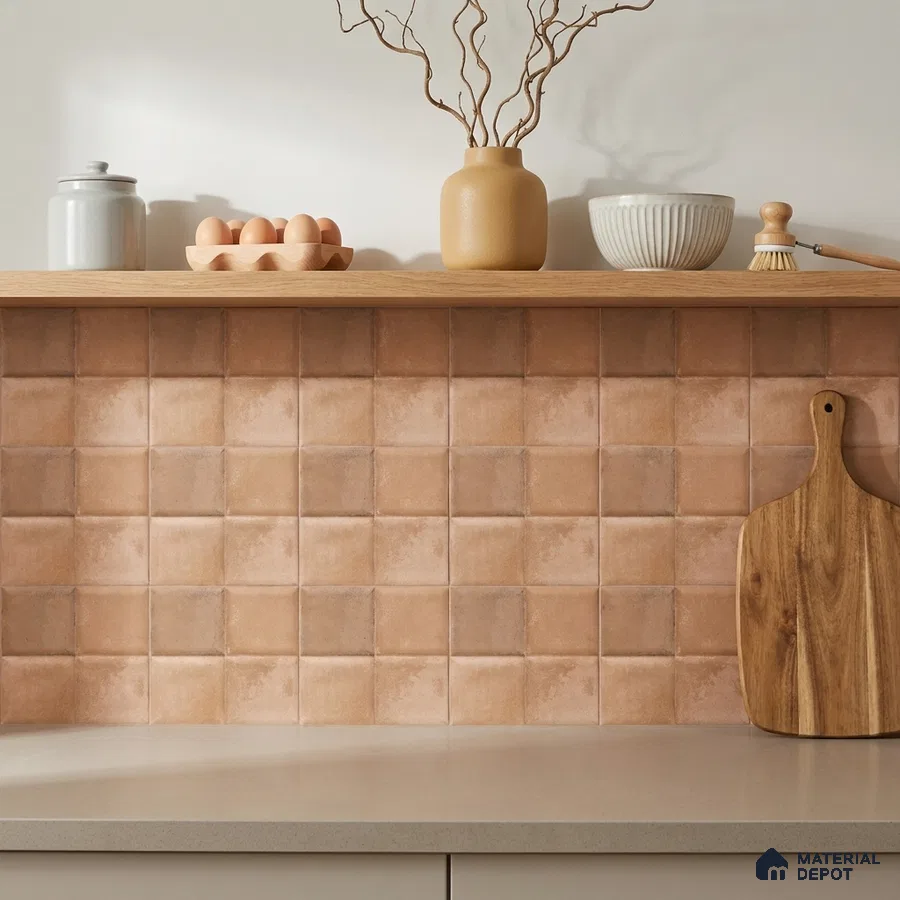 Mediterranean Kitchen with Terracotta Clay Textured Square Backsplash Tile