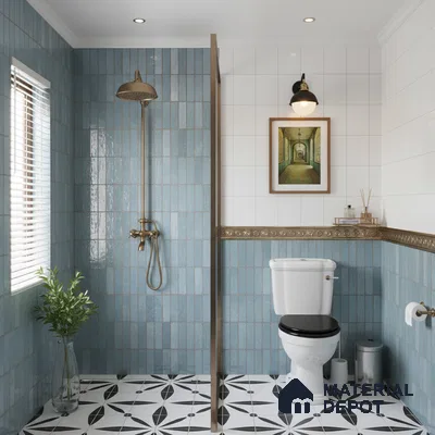 Modern kitchen with blue vertical subway backsplash tile, matte blue laminate cabinets, and black marble countertop