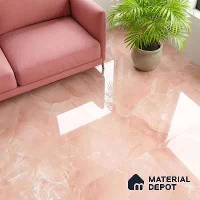 Modern living room with blush pink marble-look glossy floor tiles and pastel pink sofa