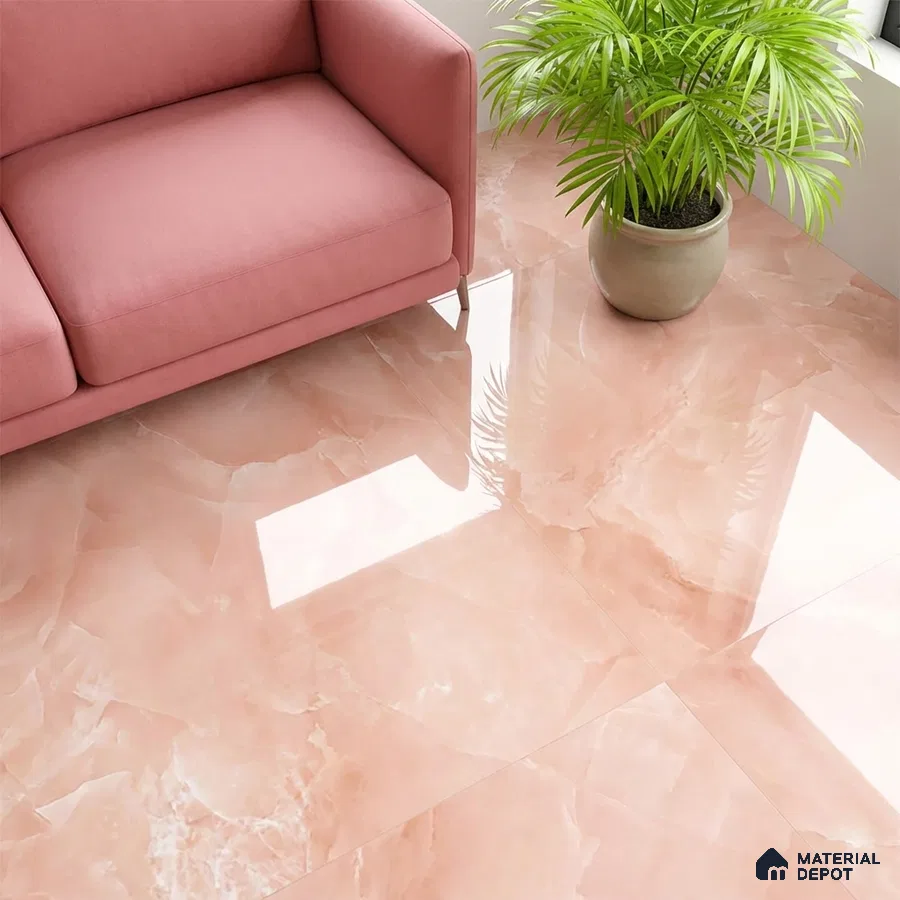 Modern living room with blush pink marble-look glossy floor tiles and pastel pink sofa