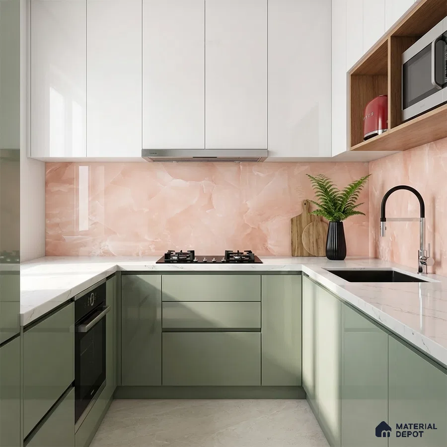 Modern kitchen with sage green and white laminate, peach marble-look backsplash tile, and white quartz countertop