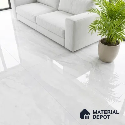 Minimalist living room with glossy white marble-look floor tiles and light grey fabric sofa
