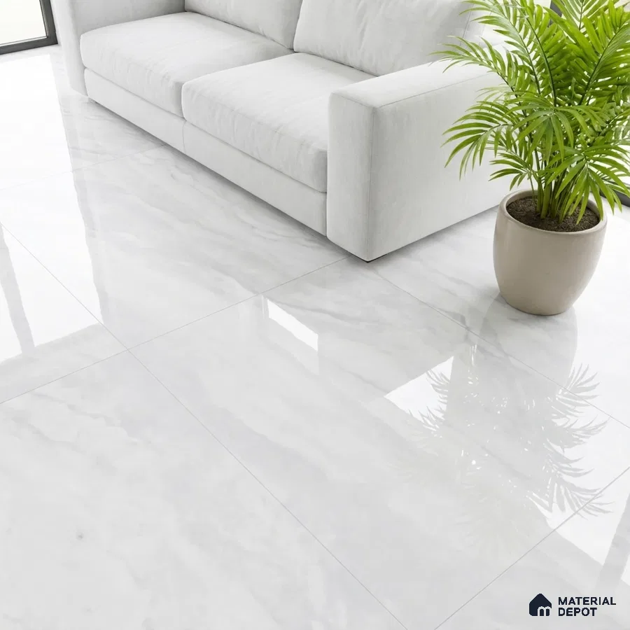 Minimalist living room with glossy white marble-look floor tiles and light grey fabric sofa