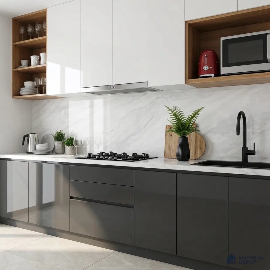 Modern kitchen with white marble backsplash, glossy grey and white laminate cabinets, and wood open shelving