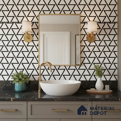 Modern kitchen with black base laminate, white marble-look quartz countertop, and geometric black-and-white backsplash tiles