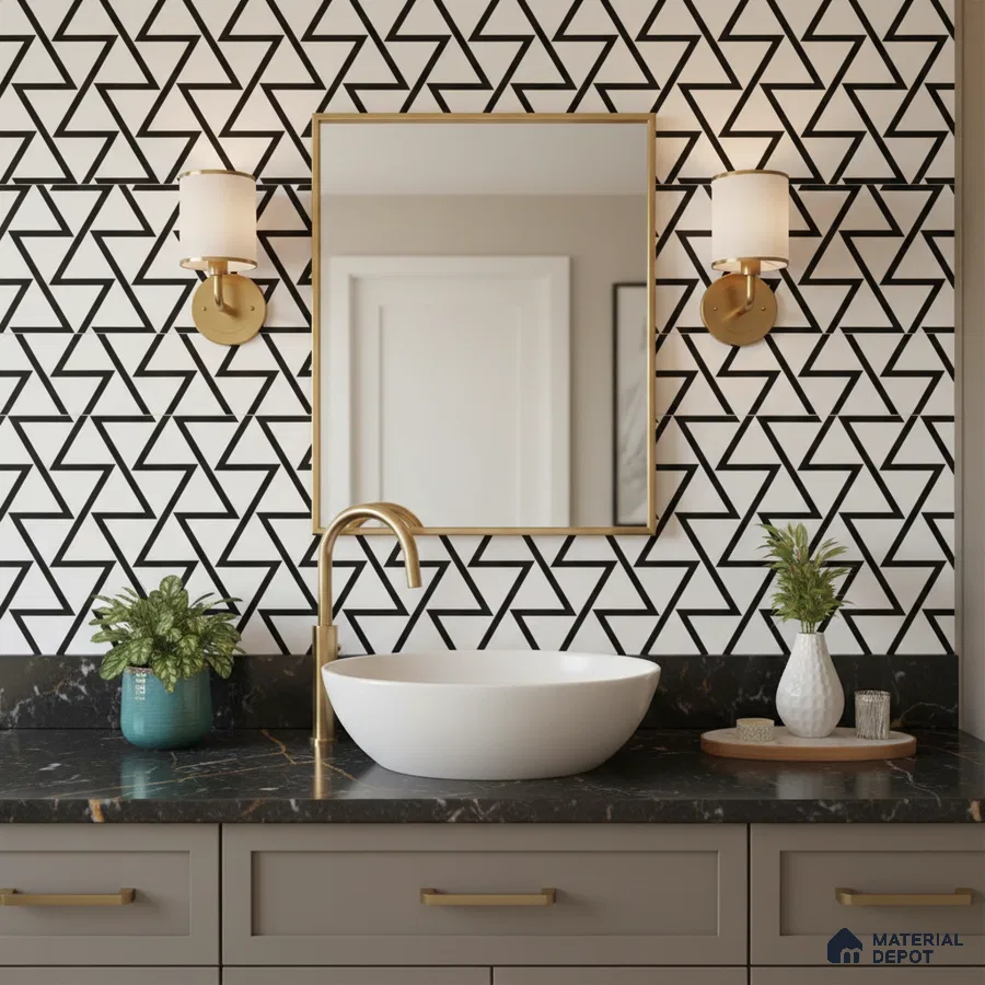 Modern kitchen with black base laminate, white marble-look quartz countertop, and geometric black-and-white backsplash tiles