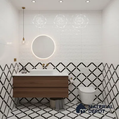 Modern bathroom with geometric black-and-white wall and floor tiles and walnut wood floating vanity