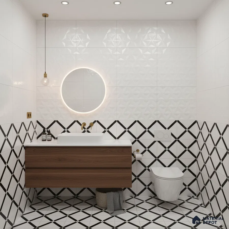 Modern bathroom with geometric black-and-white wall and floor tiles and walnut wood floating vanity