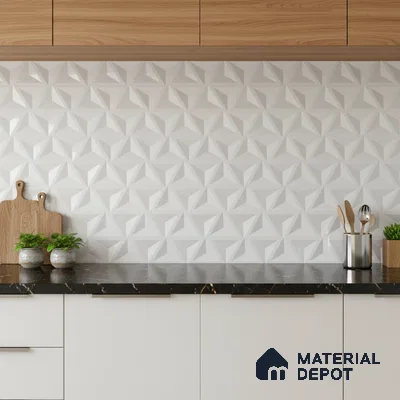 Modern kitchen with 3D geometric white backsplash tile, black marble countertop, and light oak laminate cabinets