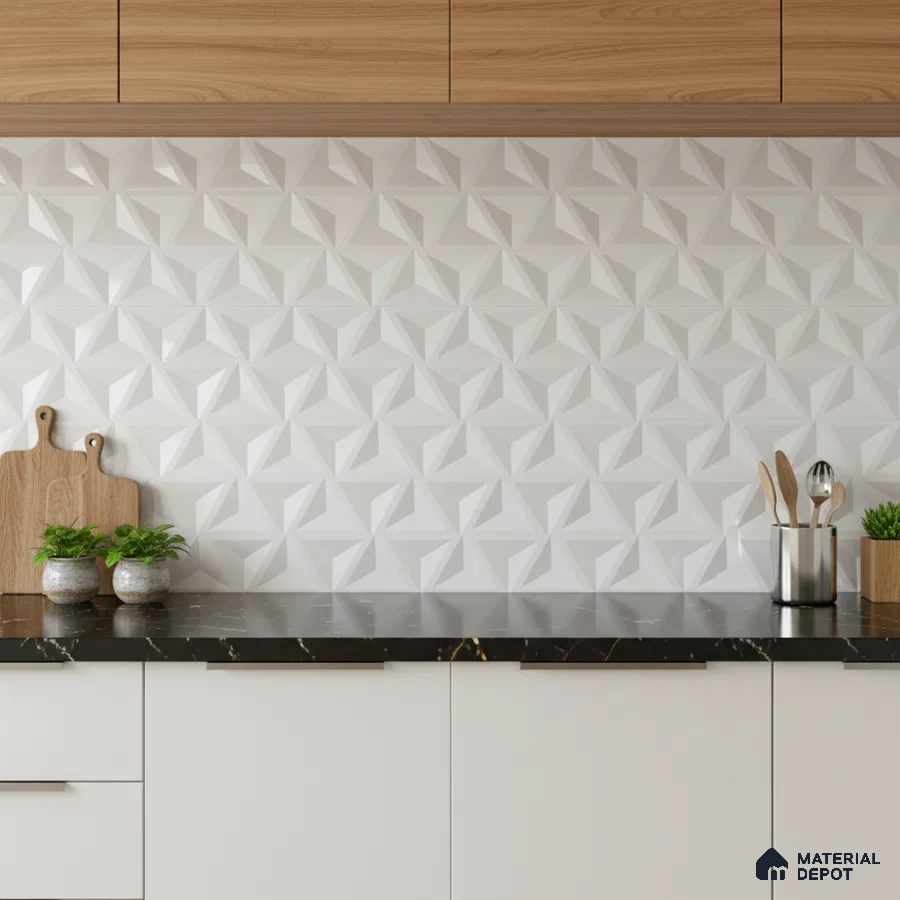 Modern kitchen with 3D geometric white backsplash tile, black marble countertop, and light oak laminate cabinets