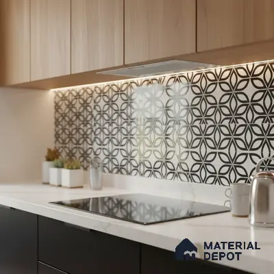 Modern kitchen with light oak laminate cabinets, white quartz countertop, and black-and-white geometric backsplash tiles