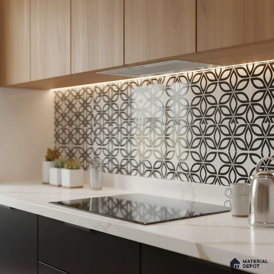 Modern kitchen with light oak laminate cabinets, white quartz countertop, and black-and-white geometric backsplash tiles