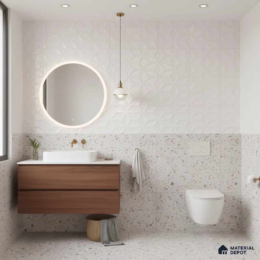 Modern kitchen with 3D white geometric backsplash tile and white quartz countertop