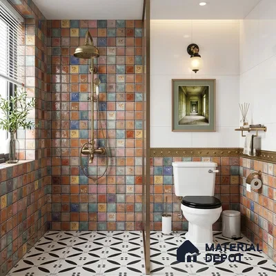 Eclectic kitchen with multicolor patterned backsplash tiles, black marble countertop, and wood grain laminate cabinets