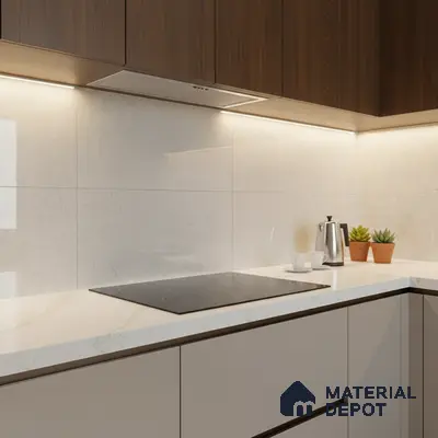 Modern kitchen with walnut wood laminate, frosty white quartz countertop, and white marble-look backsplash tile