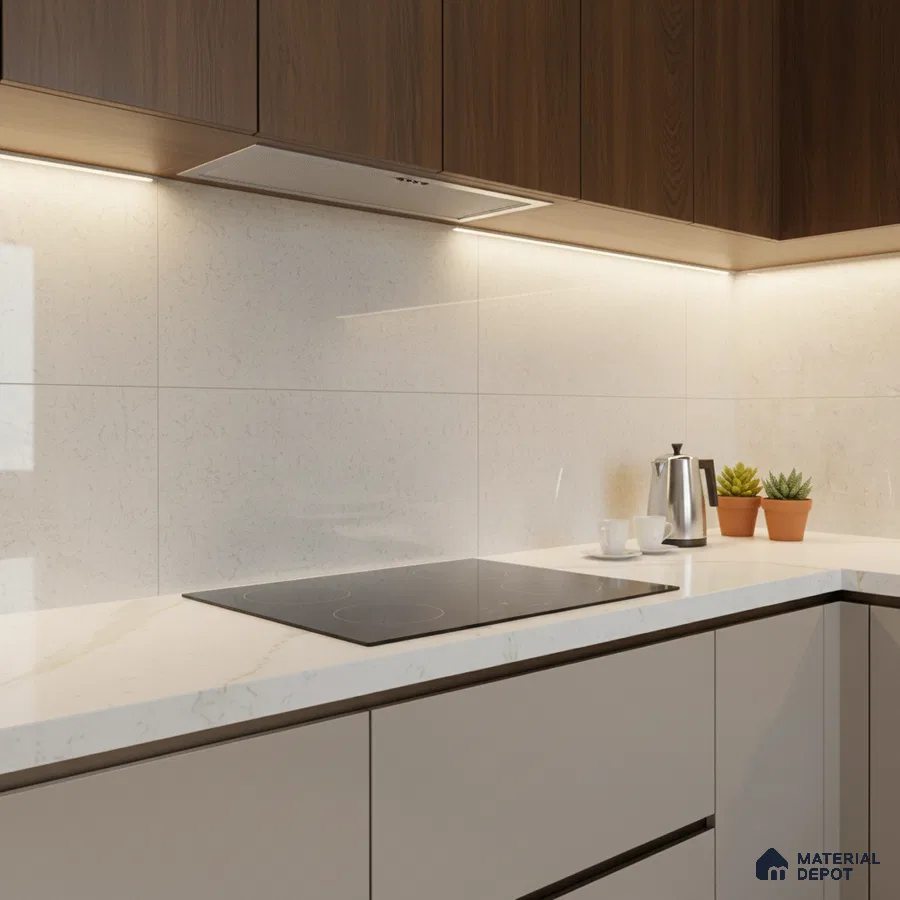 Modern kitchen with walnut wood laminate, frosty white quartz countertop, and white marble-look backsplash tile