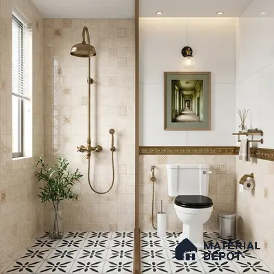 Modern bathroom with beige patterned wall tiles and black-and-white geometric floral floor tiles