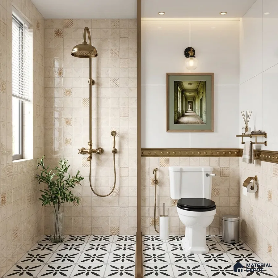 Modern bathroom with beige patterned wall tiles and black-and-white geometric floral floor tiles