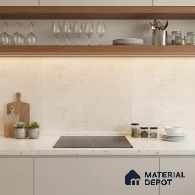 Minimalist kitchen with beige marble-look wall tiles, white quartz countertop, and light wood open shelving