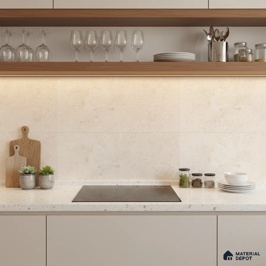 Minimalist kitchen with beige marble-look wall tiles, white quartz countertop, and light wood open shelving