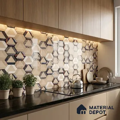 Modern kitchen with beige hexagonal geometric backsplash tile and wood grain laminate cabinets