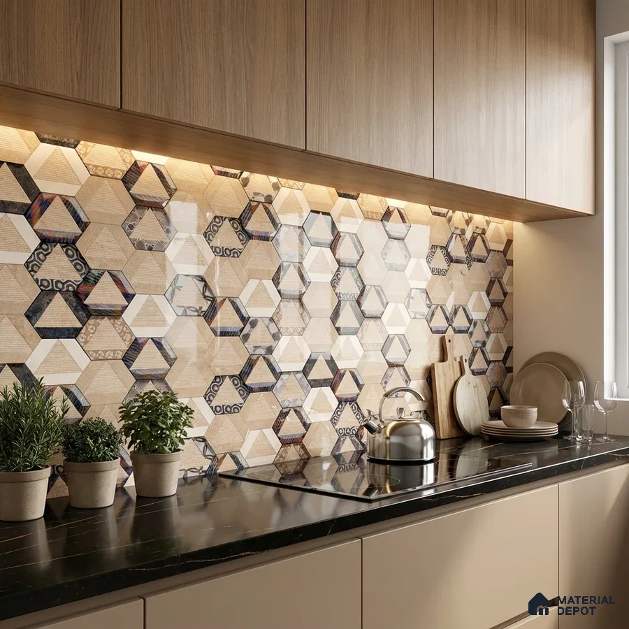 Modern kitchen with beige hexagonal geometric backsplash tile and wood grain laminate cabinets