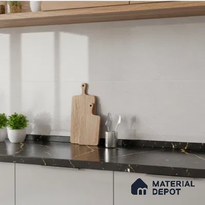 Modern kitchen with black marble-look quartz countertop, white wall tiles, and light wood open shelving