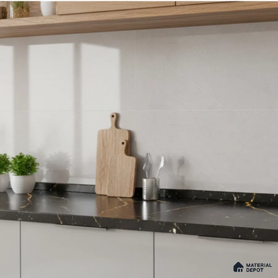 Modern kitchen with black marble-look quartz countertop, white wall tiles, and light wood open shelving