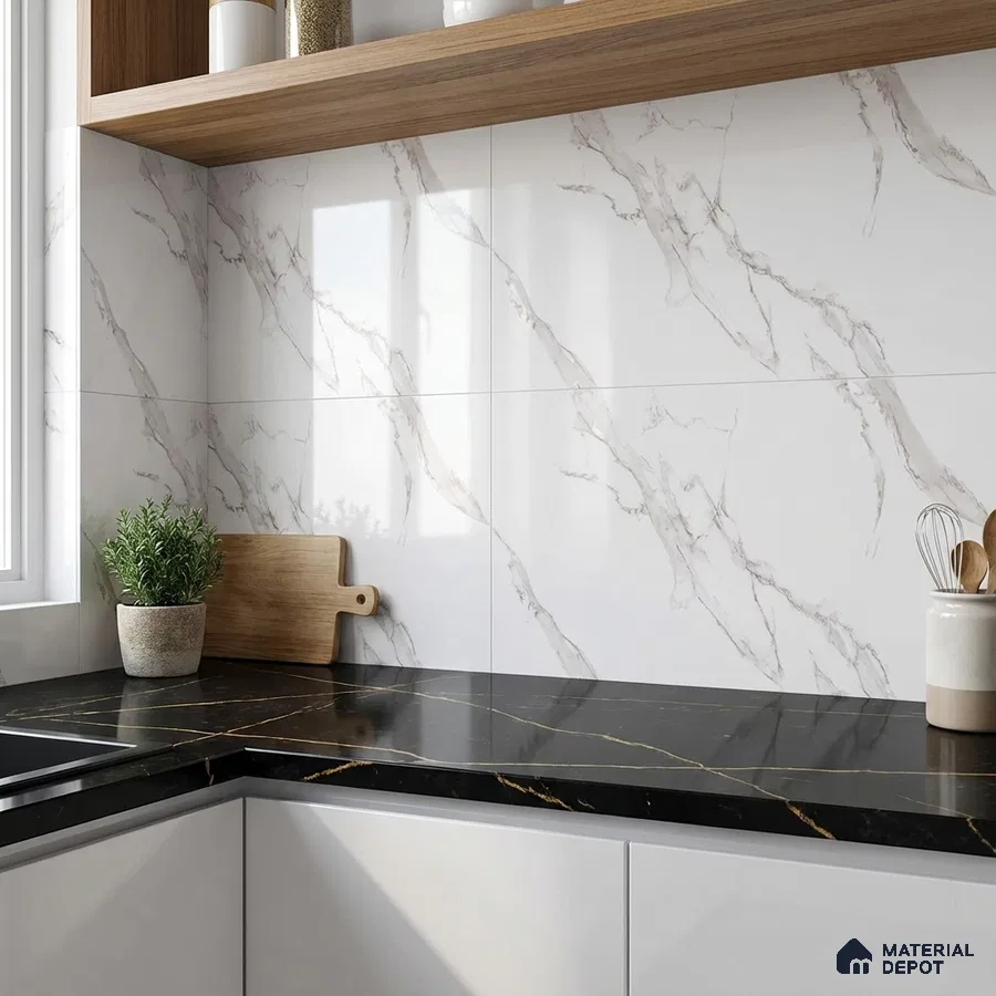 Modern kitchen with white marble-look wall tiles, black marble countertop, and wood open shelving