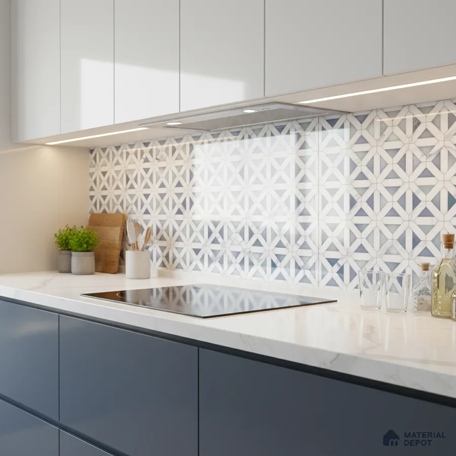 Modern kitchen with geometric patterned backsplash tile, white marble-look quartz countertop, and navy blue laminate cabinets